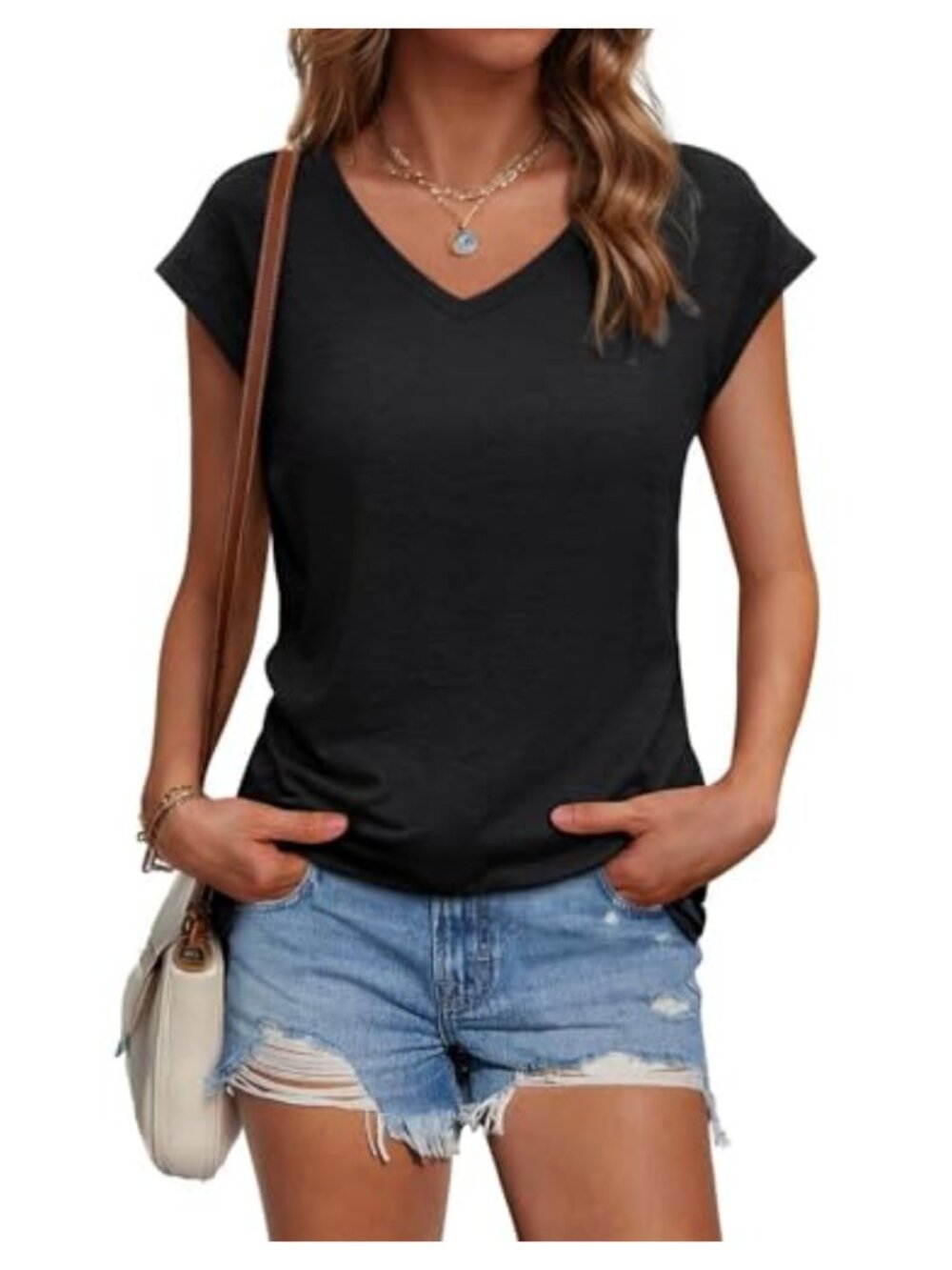 Womens Summer Loose Fit T-Shirt Cap Sleeve V Neck Casual Top